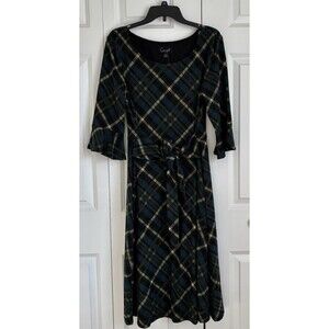 CONNECTED APPAREL PLAID TIE WAIST BELL SLEEVE MIDI DRESS PULLON SCOOP NECK